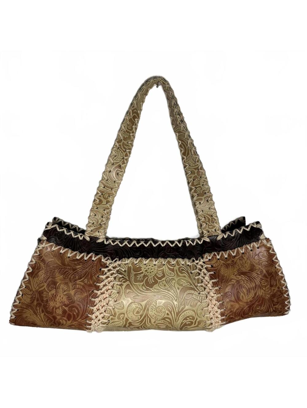 Elka Vintage Tooled Leather Patchwork Western Boho Floral Embossed Purse